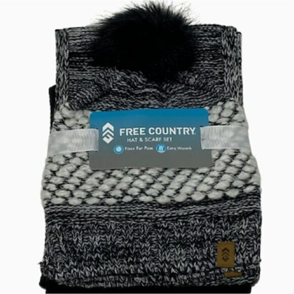 Knit Hat and Scarf Set NEW Black White 2 Pieces Winter Accessories NWT Pom Pom - Picture 1 of 5